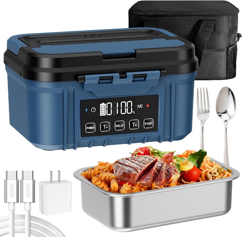 FERVINOW Cordless Electric Lunch Box for Adults – Battery-Powered Heated Lunch Box with 1.2L Stainless Steel Container, Timer Function, and Leak-Proof Food Warmer for Work, Travel & Office(Aqua Blue) - Image 1